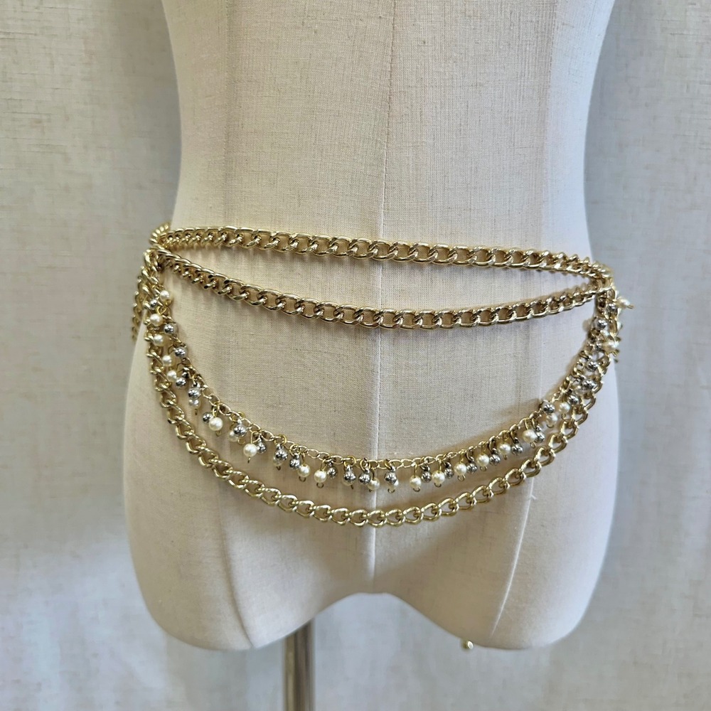 Gold‎ Tone Multi Layer Chain Belt Faux Pearl Rhinestone Dangle Accent One Size